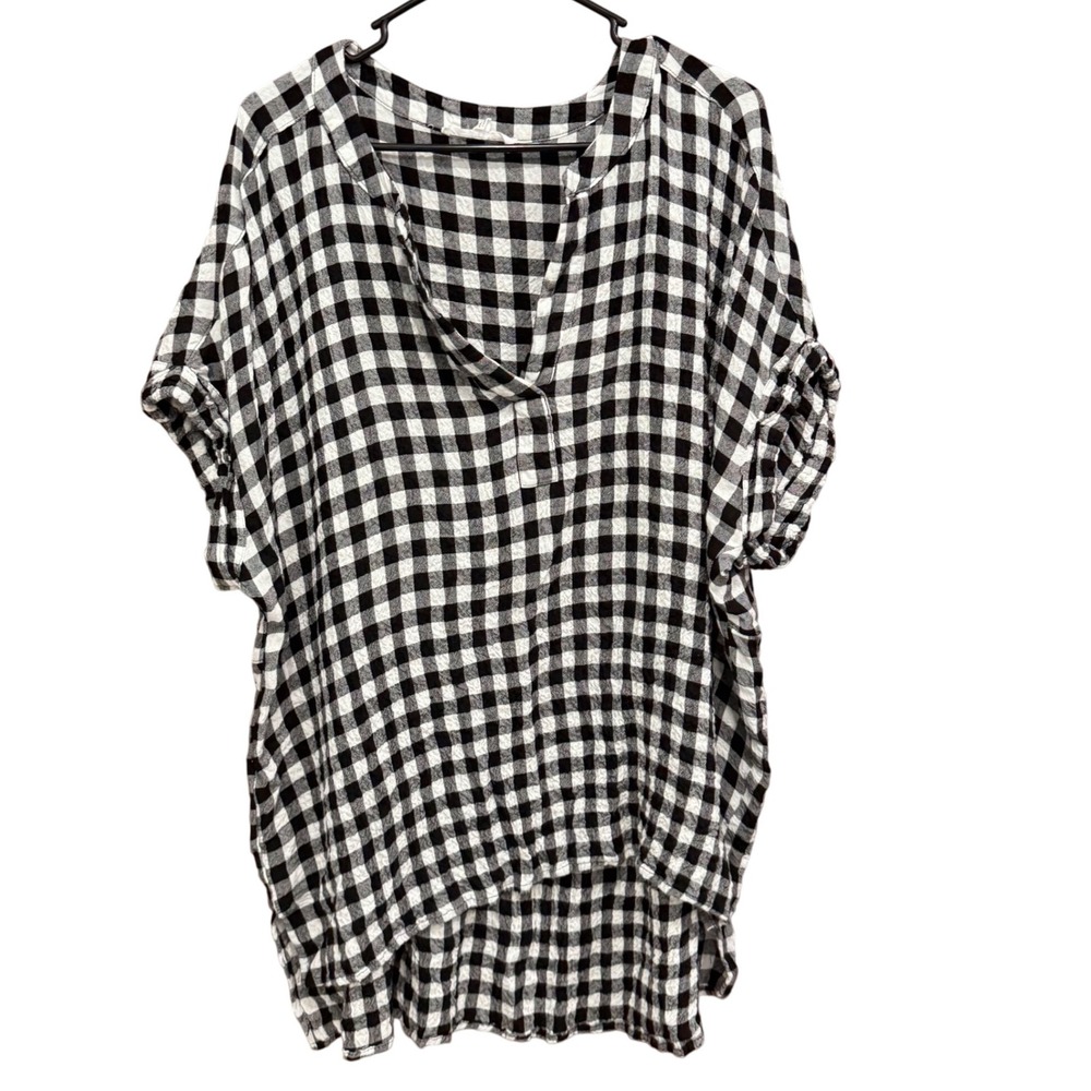 Janet+Delancey 1X‎ Black White Plaid Tunic Top Short Sleeve Womens Plus Size